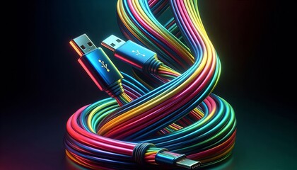 Illustration of colorful USB Type-C cables on a dark black background.