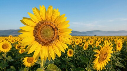 Fototapeta premium Close up of sunflower with bees in a blooming field,natural floral landscape with vibrant yellow petals under clear sky,summer season agriculture background