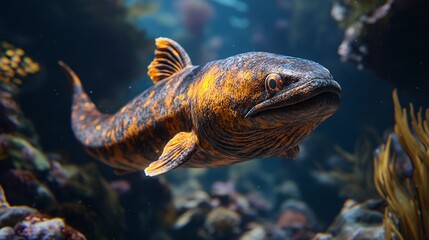 Obraz premium A cusk eel swims in deep water, its detailed textures and coloration highlighted. The fish is surrounded by marine plants, creating a vibrant underwater scene, perfect for ocean life concepts.