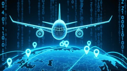 Digital airplane flying over globe with location markers representing delivery logistics technology for transportation distribution goods e-commerce center loading van automobile services