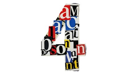 Collage of the Number Four Composed of Snippets of Letters and Color on White