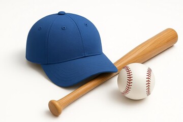 A baseball cap, a baseball, and a baseball bat are on a white background.