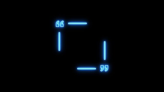 Glowing blue neon quotation mark symbols and lines arranged on a dark black background, creating a modern abstract frame or speech layout with luminous light effects.