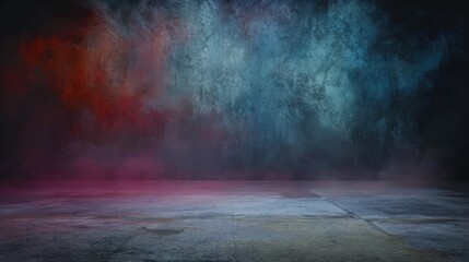 Dark studio room with stone stage and fog mist, dramatic atmosphere for product showcase, mysterious photography backdrop