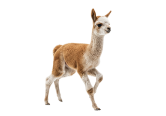 A fluffy three-month-old baby alpaca cria, with soft light brown and creamy white wool, jumping high in a high-key professional studio setting, expressing pure youthful joy