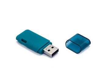 USB flash drive stick isolated on white background. For concepts of digital technology, computing, work and school life. Selective focus, closeup