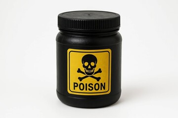 A black plastic container filled with toxic substances is on a white background.