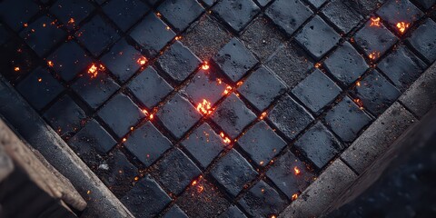 Abstract Dark Geometric Cubes with Fiery Glowing Cracks Texture in Low Key Lighting