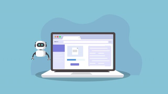 Laptop displaying a website interface with a small robot assistant nearby.