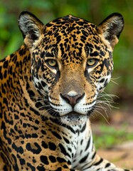 Obraz premium Close-up of a majestic spotted big cat with intense, focused gaze