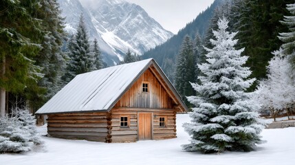 Log cabin in winter forest with snow mountains