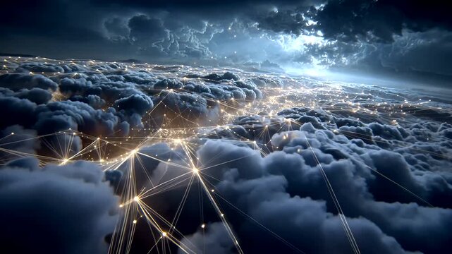 Futuristic Cloudscape with Interconnected Light Network and Dynamic Sky Scene