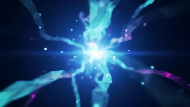 An ultra-wide video of luminous teal and magenta light streaks with motion blur exploding from a crystalline core on a velvet blue background, futuristic concept