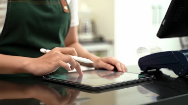 close-up video: hands in dark green apron expertly operate a tablet pos system, accepting a credit card on a sleek black counter under bright light, blurred retail backdrop. seamless digital