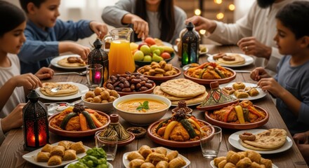 Fototapeta premium Family enjoying traditional Middle Eastern meal together at dinner table