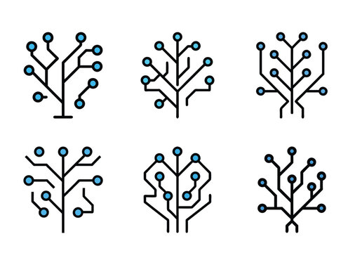 Collection of six abstract technological tree shapes with nodes and connections