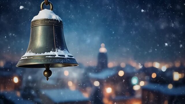 Close up of a snow covered bell hanging in a winter cityscape at night.
