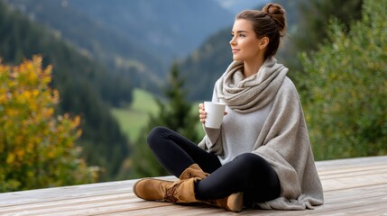 Woman relaxing holding coffee mug on autumn balcony