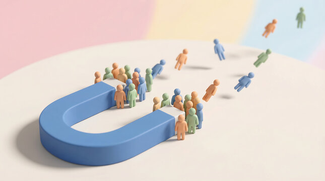 Isometric 3d render of blue horseshoe magnet pulling diverse crowd concept of social influence brand magnetism user acquisition recruitment strategy and audience growth