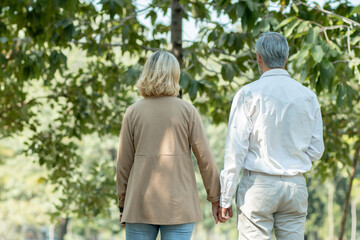 Obraz premium Happy senior couple hugging in park in love and romantic