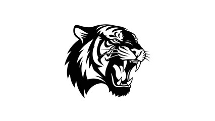 Fototapeta premium Vector illustration of a roaring tiger head in black and white on a solid background.