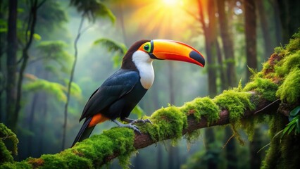 Obraz premium A Vibrant Toucan Perched on a Mossy Branch in a Lush, Sun-Drenched Rainforest