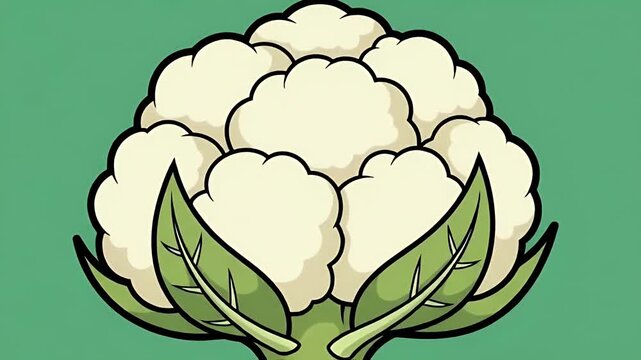 Cartoon Cauliflower with Green Stem and Leaves on Textured Green Background