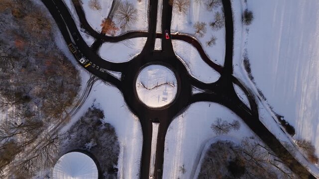 Snowblanketed City Junction Exhibits Symmetrical Shapes And Clear Contrast Between Surfaces