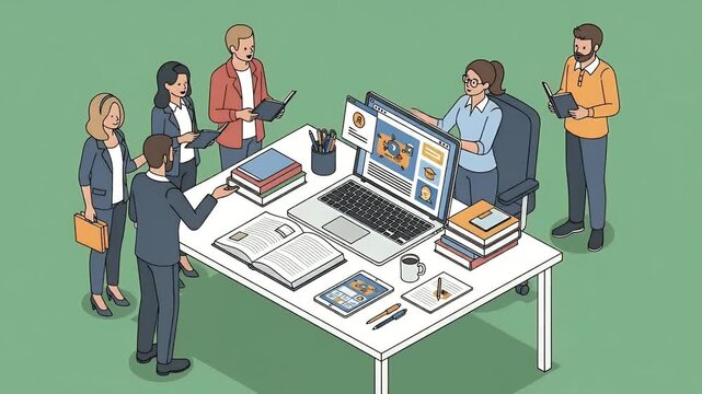 Business Meeting Teamwork Around Desk with Laptop Data Charts Isometric