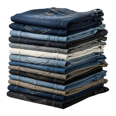 Attractive stack of folded denim jeans in multiple colors, showcasing fabric texture and casual fashion style, ideal for apparel, and lifestyle concepts isolated on white or transparent background