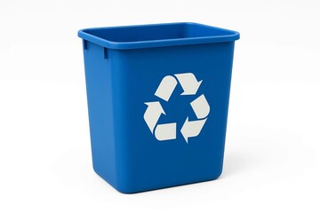 A blue recycling bin on a white background.