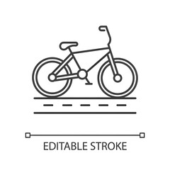 Fototapeta premium Track cycling linear icon. Bicycle on cycleway, bike path. Roadway for cyclists. Bicycle racing. City cruiser. Thin line illustration. Contour symbol. Vector isolated outline drawing. Editable stroke