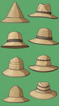 Collection of Straw Hats in Various Styles on Green Background