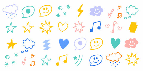 Colorful doodle icons featuring weather symbols stars hearts and happy faces © Sabuj