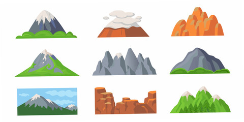 Colorful cartoon mountains and hills illustration with varied shapes and textures © Sabuj