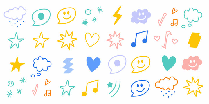 Colorful doodle icons featuring weather symbols stars hearts and happy faces