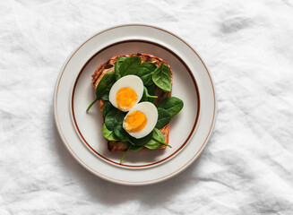 Toast with avocado, spinach and boiled egg on grilled bread on a light background, top view