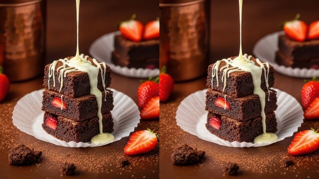 Stack of rich chocolate brownies with strawberry filling, drizzled generously with white chocolate sauce, presented on a white paper doily, surrounded by chocolate crumbs and fresh strawberries