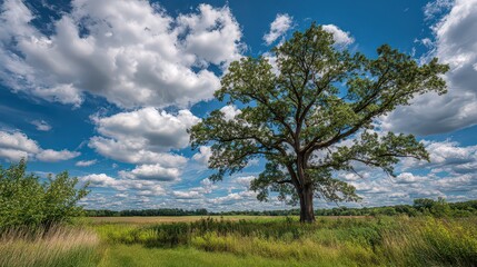 Fototapeta premium Lone Tree Standing Tall in a Sunny Field with Blue Sky and Puffy Clouds Panoramic View Rural Landscape with Lush Greenery and Wild Grasses in Meadow