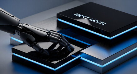 Futuristic robotic hand interacting with glowing technology, signifying advancement and innovation.
