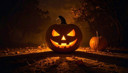A jack-o'-lantern sits on train tracks in a dark, eerie environment with another pumpkin and trees in the background
