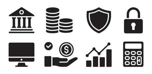 Banking and finance vector icon set displaying institution building coin stacks shield padlock computer growth calculator