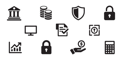 Collection of finance and business icons representing bank coins lock computer graph document shield and calculator