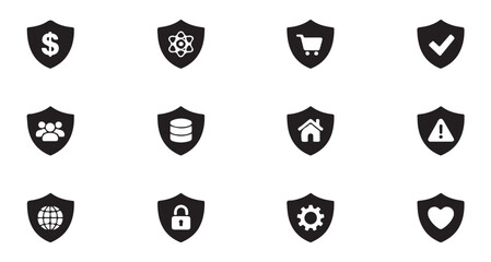 Shield icons featuring dollar atom shopping cart check people coins warning home globe lock