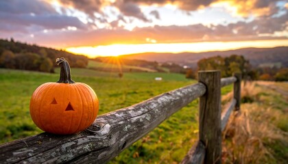 A jack-o-lantern on a rustic fence at sunset in a rural landscape