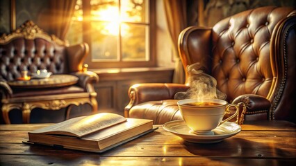 A warm beverage steaming in a fine cup sits on a wooden table next to an open book, bathed in the golden light of a sunlit window, near elegant leather chairs.