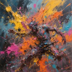 Energetic chaotic brushstrokes and vibrant colors capturing the
