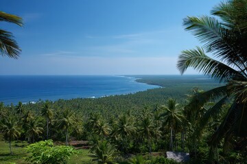 Lush Green Coconut Palm Tree Forest on Tropical Island Coastline with Blue Ocean and Sky View from High Vantage Point During Daytime in Maldives
