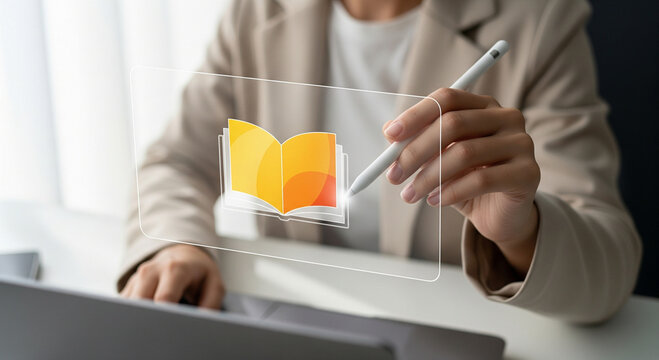 Person interacting with a futuristic data visualization chart on a transparent screen - Powered by Adobe