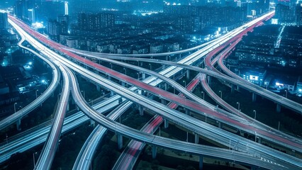 Blue Toned Night Aerial View of Massive Urban Highway Interchange